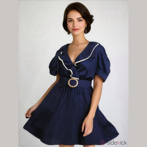 Media One Vintage Blue Ruffle Belted Dress